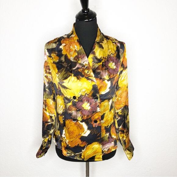 Pendleton black gold purple orange floral silk wrap front top size 4 Petite 4P - Picture 1 of 15
